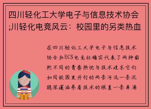四川轻化工大学电子与信息技术协会;川轻化电竞风云：校园里的另类热血战场