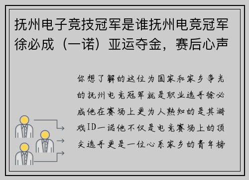 抚州电子竞技冠军是谁抚州电竞冠军徐必成（一诺）亚运夺金，赛后心声牵挂家乡水粉